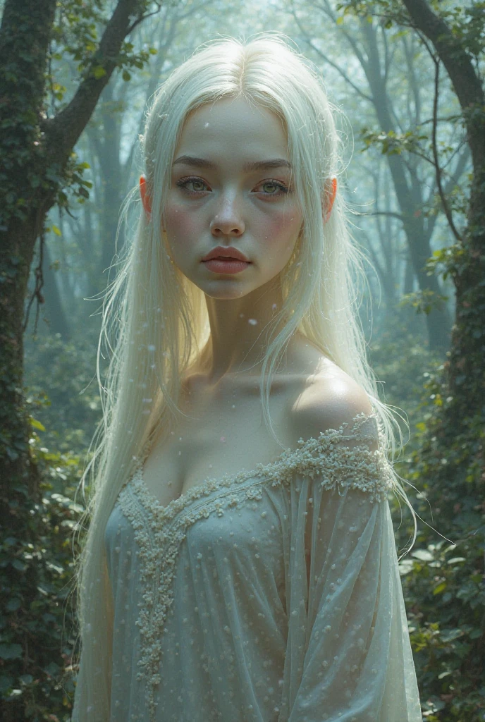 (((Goddess of Weakness:1.4))), (ethereal yet fragile presence:1.4), (delicate and almost translucent skin:1.4), a figure of haunting beauty with an aura of vulnerability, wearing tattered, flowing robes that barely cling to her frail frame, (eyes filled with sorrow and a deep, haunting sadness:1.4), (long, flowing hair that seems weighed down by the burdens of the world:1.4), (a faint, trembling light surrounding her:1.4), (slumped or weary posture, reflecting her weakened state:1.2), (background with a desolate, barren landscape, such as a foggy, desolate plain or a crumbling temple:1.2), (elements of withered flowers, broken chains, and dim, flickering lights subtly integrated into the scene:1.4), ((a soft, muted color palette with faded blues, grays, and pale whites:1.2)), perfect image quality, ((an artistic representation that evokes feelings of sorrow, fragility, and the gentle beauty in weakness)), delicate and poignant, detailed face and eyes, intricate textures, harmonious composition