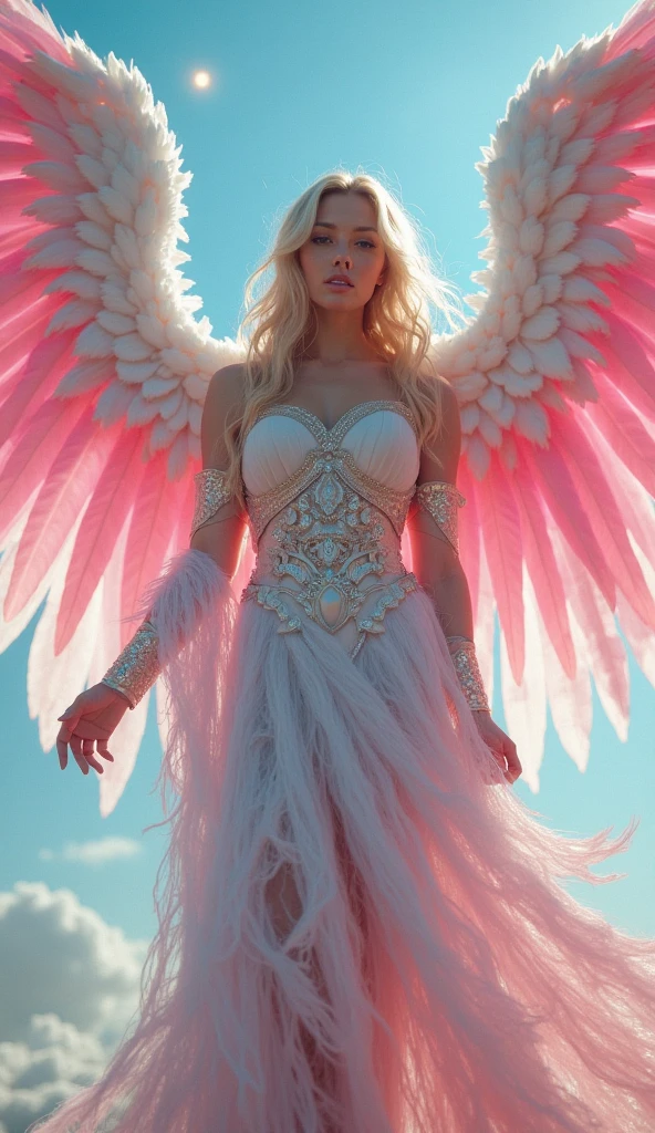 ((RAW Photos)), ((masterpiece)), Anthropomorphic humanoid angel girl in white royal robes, Intricate details, running, A complex Greebles piece, Sky Behind, pink, Beautiful Wings, Fine eyes and lips
