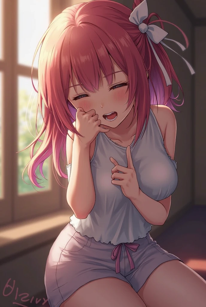 anime girl with pink hair sitting on the floor and pointing at her finger, at pixiv, top rated on pixiv, gapmoe yandere, pixiv 3dcg, guweiz, pixiv, [ 4 k digital art ]!!, zerochan art, guweiz on pixiv artstation, by Shingei, haruno sakura