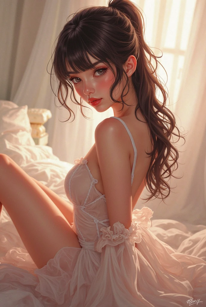 1 girl, Aerith Gainsborough, brown hair, extremely long hair, ponytail, soft, soft light, delicate, happy, (thighhighs), happy smile, (no panties, detailed spread vagina, cum on vagina, dripping cum), pink dress, spread legs, small breasts, exposed breasts, nipples