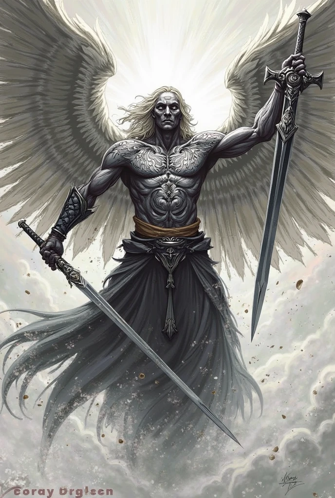 (drow:1.2) 1man, muscular, holding scimitars, ((body hair)), short white undercut, flowing white robe, white cloak, flowing, (fabric with intricate pattern:1.2), (insanely detailed:1.2), ((masterpiece)), (painting:1.1), (digital painting:1.1) ((((perfect hands)))) <lora:1.5_perfect hands:1>