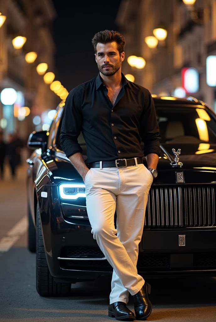 Nicola Ferraro, a 36-year-old Italian, exudes elegance and power in every detail. Born in Milan, his presence reflects the sophisticated lifestyle of the Italian elite. At 1.87 meters tall, his athletic and muscular physique commands attention. His perfectly coiffed brown hair frames a distinguished, masculine face, accentuated by piercing blue eyes that radiate confidence and mystery. Impeccably dressed, he wears white linen pants and a black Italian-cut shirt, which effortlessly enhance his physique. His look is completed with exquisite black shoes and a discreetly gleaming Rolex on his wrist. His relaxed yet commanding posture makes him an undeniable presence in this exclusive setting. Nicola is leaning naturally against an imposing black Rolls-Royce Black Badge Ghost, gleaming under the city lights. The luxury car is parked on a lighted Milan street, where people can be seen in the distance, adding depth and realism to the scene. The atmosphere is vibrant, with lights reflecting off the car's bodywork and creating a perfect contrast between Nicola's elegance and the dynamism of the city.