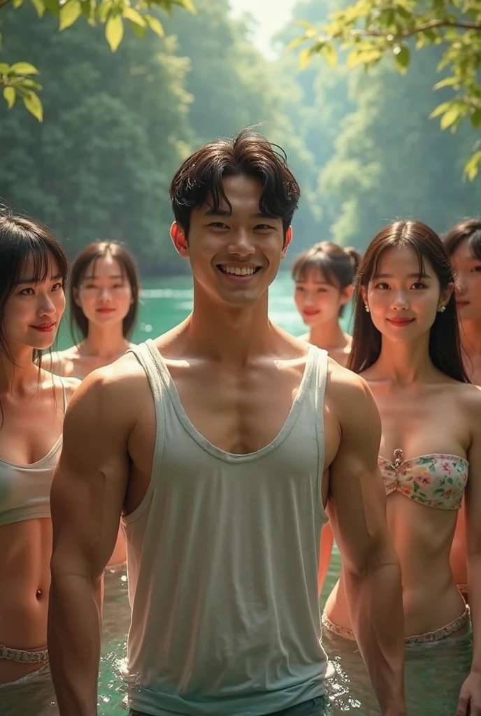 Angle from the front,(only 2 Japanese men facing forward, standing at a distance and facing the viewer:1.6), (2 little smiles:1.4), wearing only swim trunks,
