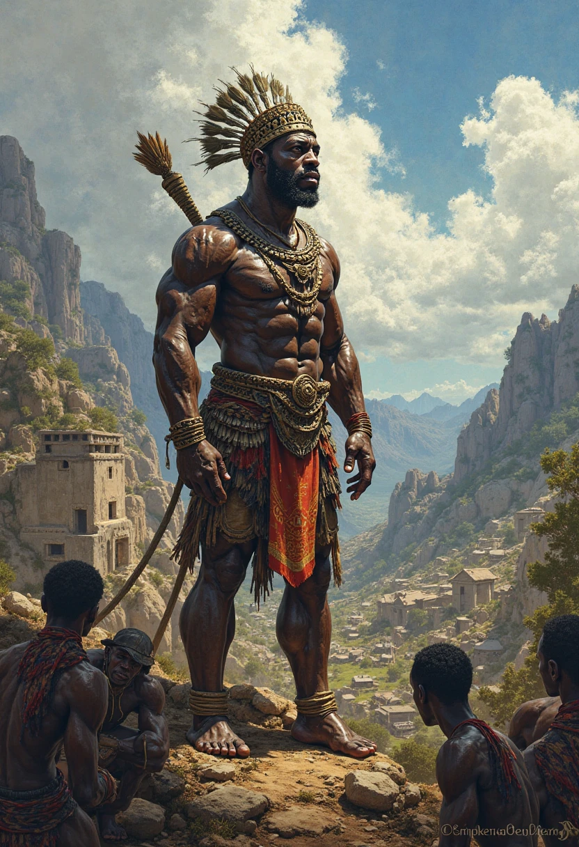 Orisha Black Man, rey, guerreyro, red or brown clothes, on a mountain, lifting a double-sided axe in his hand