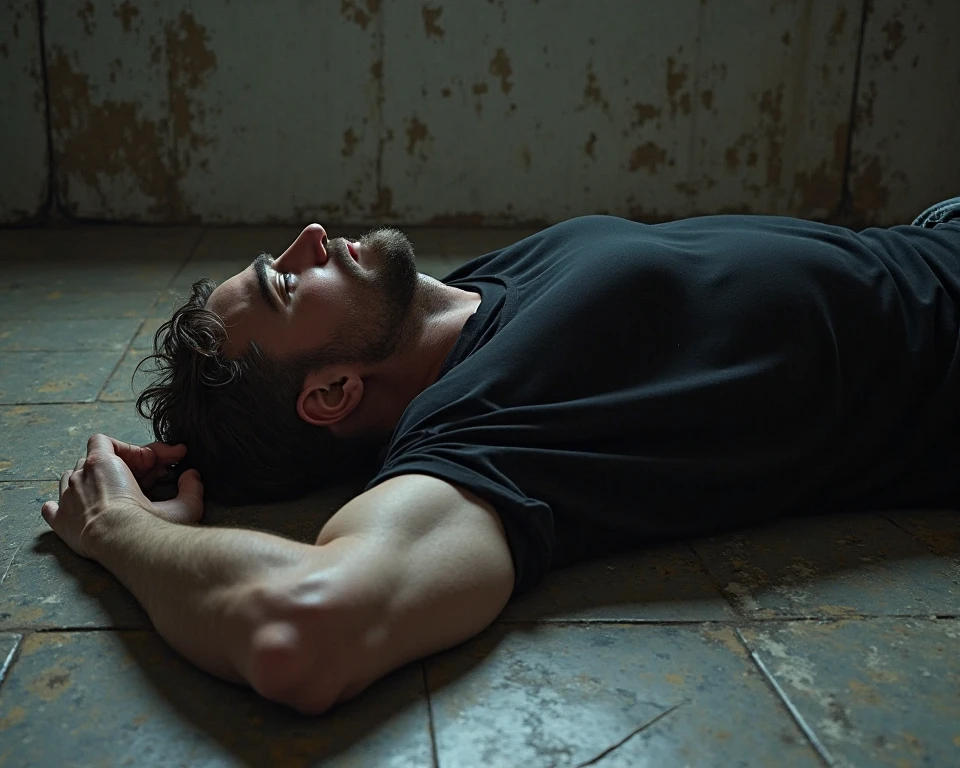 A dark and gloomy room, where a strong and muscular looking man is found lying in bed, appearing to have been strangled. His facial expression shows a mixture of shock and pain., with eyes partially open and mouth half open. Visible finger and pressure marks circle her neck, indicating the violent act. The bed is unmade, with sheets partially pulled up, creating a chaotic and disturbing scene. The lighting is low, with deep shadows that add an atmosphere of mystery and suspense to the environment. Objects scattered on the floor suggest a recent fight, increasing the tension in the scene