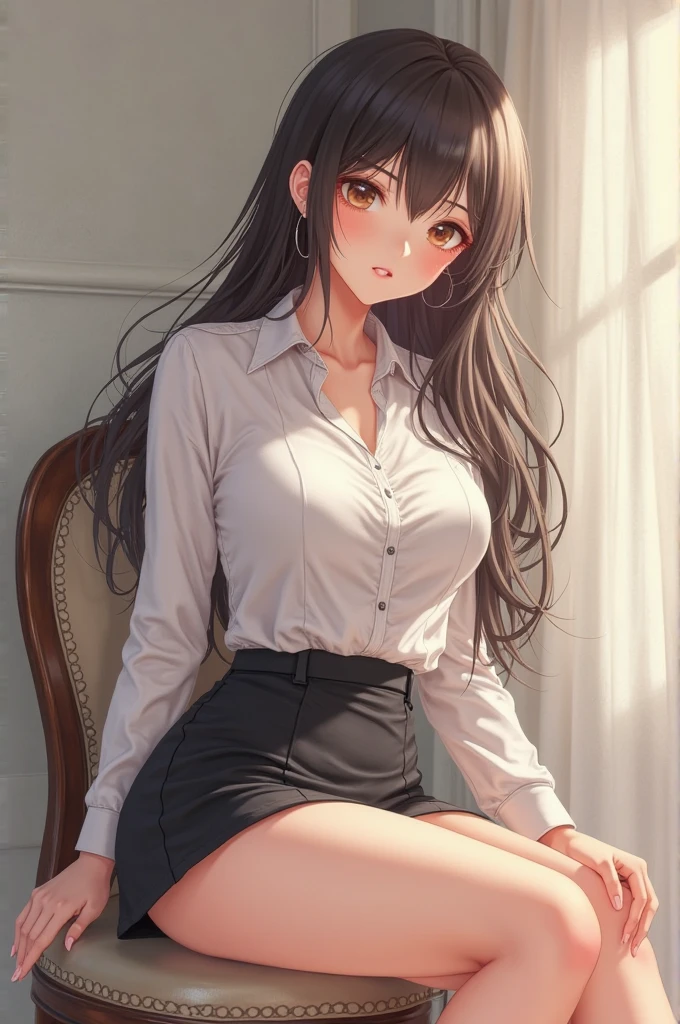 Rin Tohsaka, Rin Tohsaka, aqua eyes, Black hair, Hair Ribbon, Long hair, bow ribbon, (side locks:1.3), (black thighhighs:1.3), looking at the viewers, BREAK (masutepiece:1.2), Best Quality, High resolution, Unity 8k壁纸, (Illustration:0.8), (Beautiful detailed eyes:1.6), extra detailed face, Perfect Lighting, extremely details CG, (Perfect hands, Perfect ???????),,cowboy  shot、(white  shirt:1.5)、(Office Lady:1.3)、Miniskirts、((Black skirt:1.5))、s Office、Jacket, Formal, Suit, pencil skirts, Skirt suit、(cleavage of the breast),A smile、Sitting on a chair、(white  panties:1.3), office ID card holder, office lady ID card worker holder, office ID card holder, ID card, 16 years old, slender body, slim body, medium breasts,