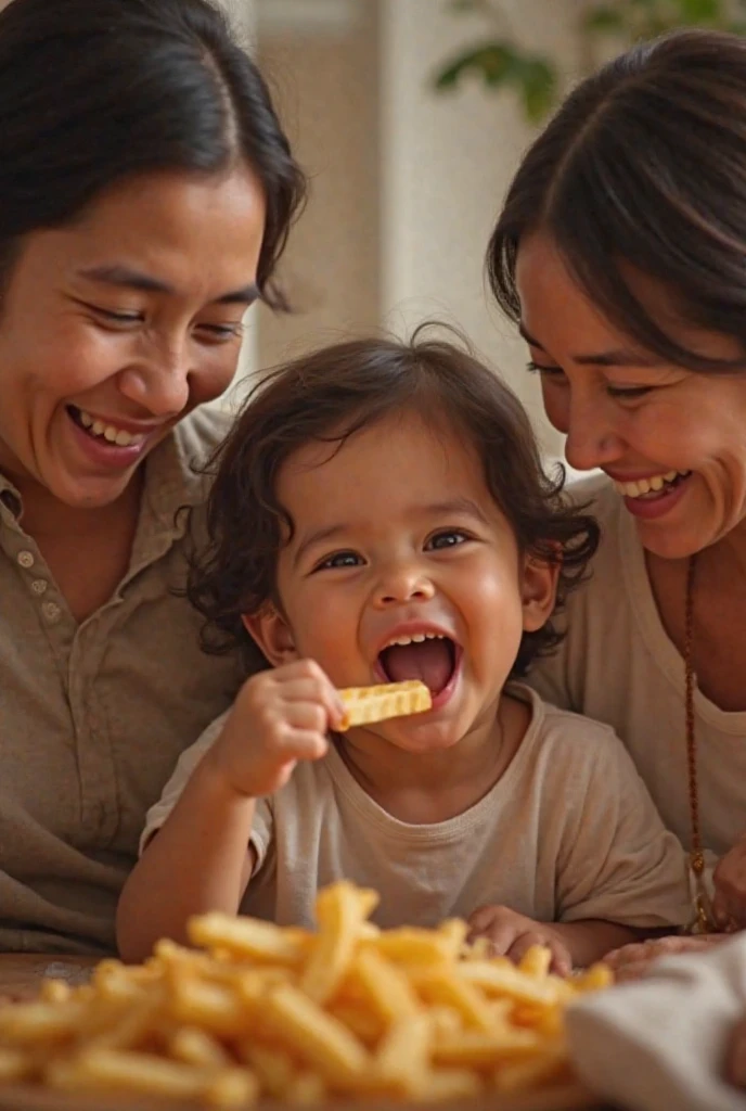 An 8-year-old Brazilian girl eating chicken on a brown plate , sitting on the bed with her mother beside her