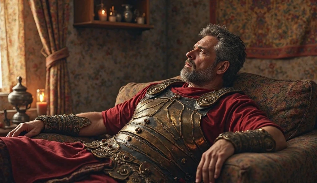 illustrates a 50 year old king showing off his muscles in bed