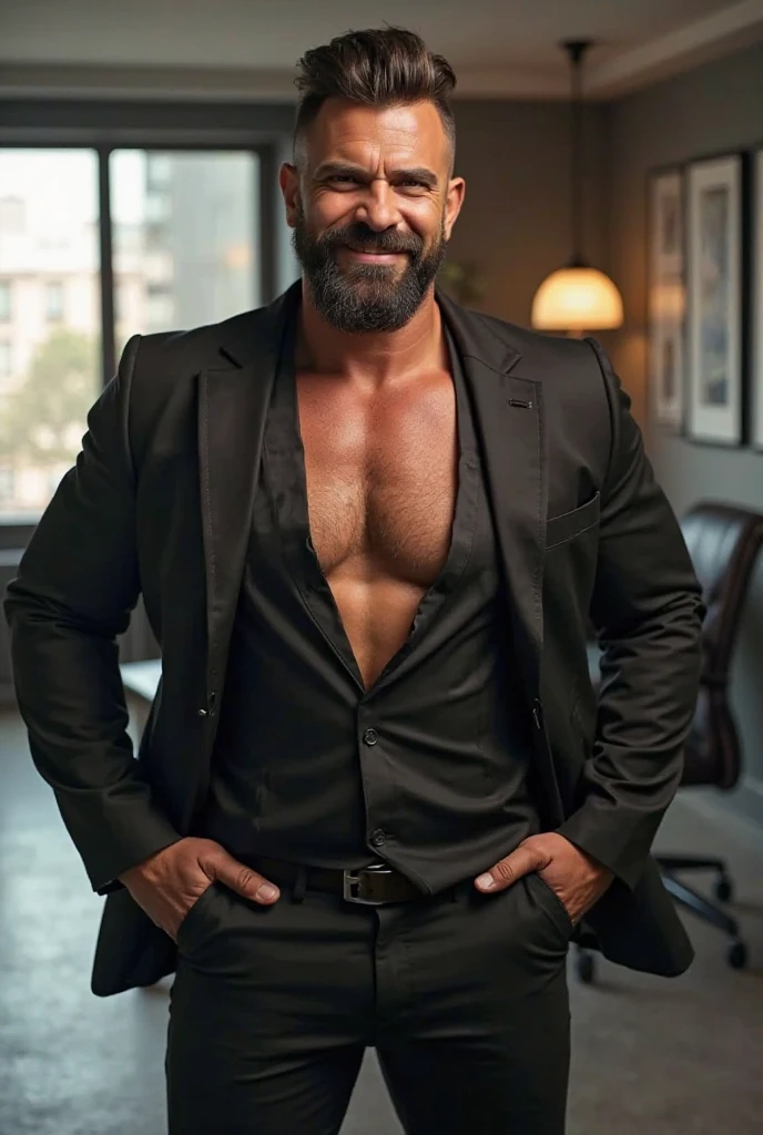 40 years old,daddy,"blue satin suit ",hd ,in the office,"big muscle", gay ,black hair, face,masculine,strong man,boss ,handsome,lecherous dad, ,dad is handsome, horny dad, very big bulge in satin blue suit trousers, musculer chest, big well maintained beard, moustache, boss, sexy, thick thighs