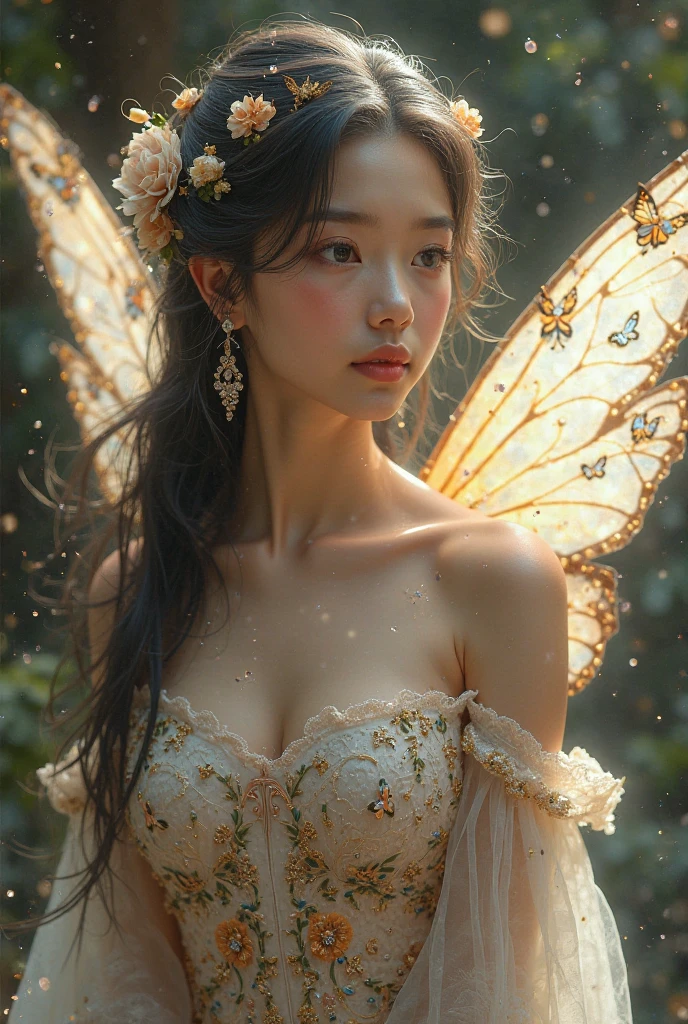Kurikara-Tendou Elegant Posture, She gently lifted her skirt with one hand,头发周围有白色的Butterfly兰，Lilac dendrobium、White Lily, Long legs , Deep in Wonderland, ((Flowing long hair))Official Art , Unity8k Wallpaper , Extremely detailed , Visible cleavage, Pretty and beautiful , 性感Long legs, masterpiece , best quality ,Practical, Very detailed illustrations ,Extremely detailed , Intricate details , Extremely complex and detailed , Very detailed 8KCG wallpaper , Caustics .reflection , Ray Tracing , Devil theme ,nebula ,Dark aura, Network Effects , (1 girl)solitary , 小蓝Butterfly , (Blue plasma flame , (insect , Butterfly)) Pastel tones in Rococo style ,Light white and light dark red , Incredibly beautiful , Cherry blossoms , Surrealism ,painting , Ethereal , Mixing reality and fantasy elements ,Ray Tracing , Complex Mode , Exquisite lines , Perfect your hands, Starry Sky , Colorful , Star