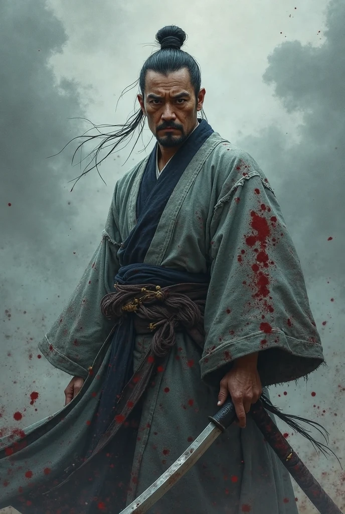 1man, samurai wearing intricately embroidered kimono, upper body, hardened veins, manbun, sword, bloody cloth, blood on face, somber expression, detailed cloth folds, detailed face and hair, dark forest scene, nature, side view, photoreal painting <lora:stylesqueeze_v2_xl:1>