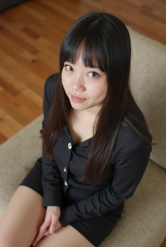 Japanese girl , very long black hair, spreading her very long skinny legs, sitting on stairs, bare flat chest, lifting skirt, no panties, looking on camera, being ashamed
