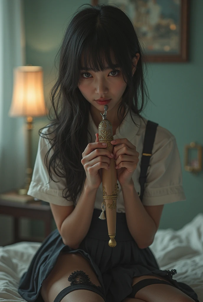 A very cute , sitting on the floor, with wavy brown hair, pink eyes, with a piece of bamboo in your mouth.