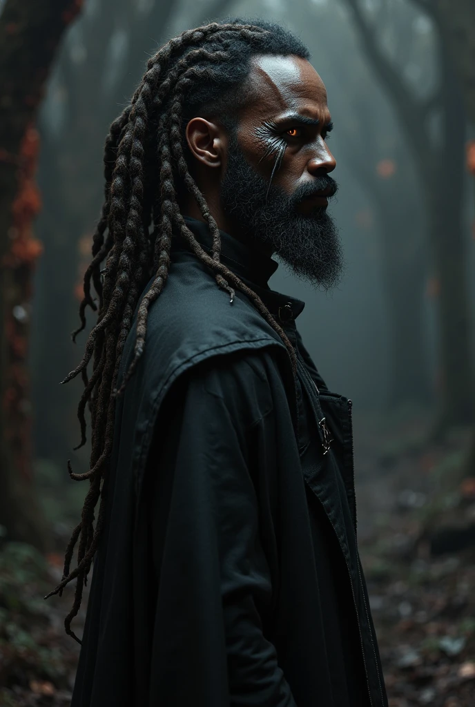 Create a black vampire with caramel-eyed hair with dreads beard and ...