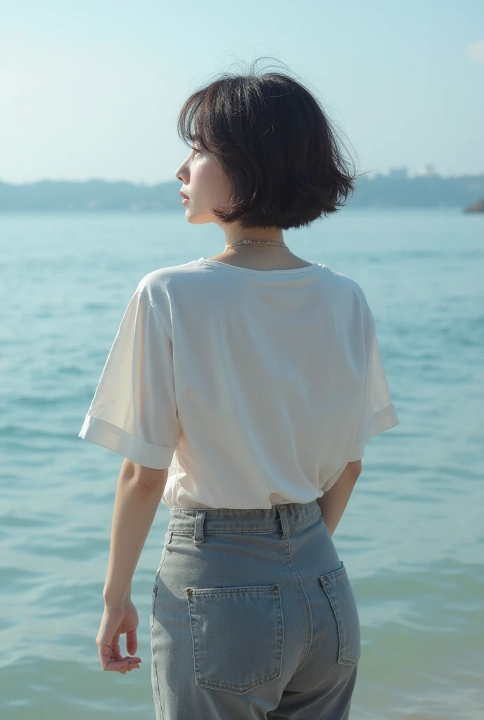 8k highest quality, masterpiece, super high resolution, (Photorealsitic:1.5), raw photo, 1 girl, bright light, background is the coast, cute,, miniskirt, sexy appearance, short hair, ((very_short_hair))