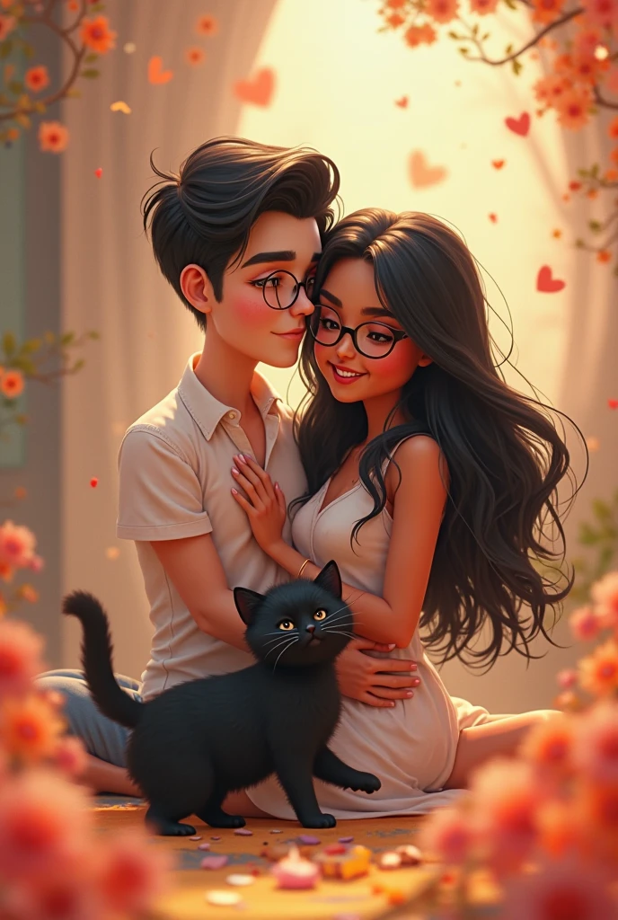Pixar-style drawing of a couple sitting on a sofa with their black kitten,The girl with wavy black hair and very pretty brown eyes,the very happy girl ,the girl with the red blouse and big smile and the skinny boy,slightly long hair with an earring in the ear,The boy gives the girl a kiss on the cheek,boy with black t-shirt