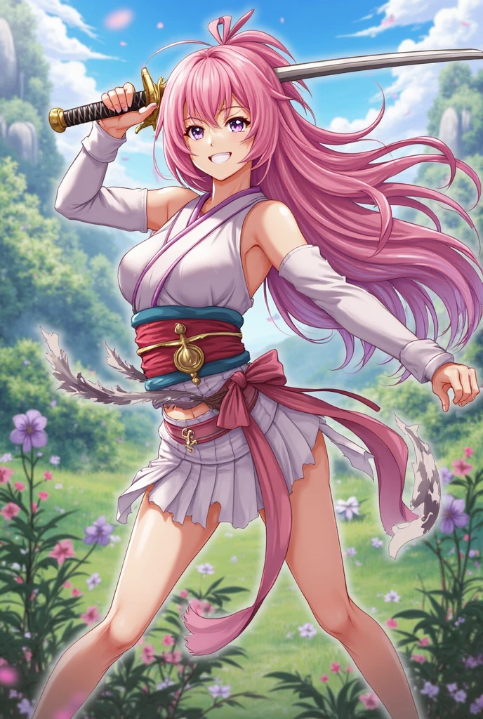 masterpiece, best quality, ultra detailed, highres, extremely detailed CG unity 8k wallpaper, perfect lighting, very detailed background, Outdoor、beautiful and aesthetic,sharp focus, perfect face, Perfect hands、Perfect Fingers、Perfect toes、Five fingers、
1lady、 smiling、
Short blonde, large red eyes、delicate oval face、(flat chest:1.5)、Looking up at the viewer、
(pink maid outfit:1.1)、(off shoulder:1.3)、(midriff peek:1.5)、
(Wizard holding glowing wand:1.5)、(glowing tiara:1.3)
Ambient light、Volumetric Light、shoot from side、(Glowing Skin:1.3)