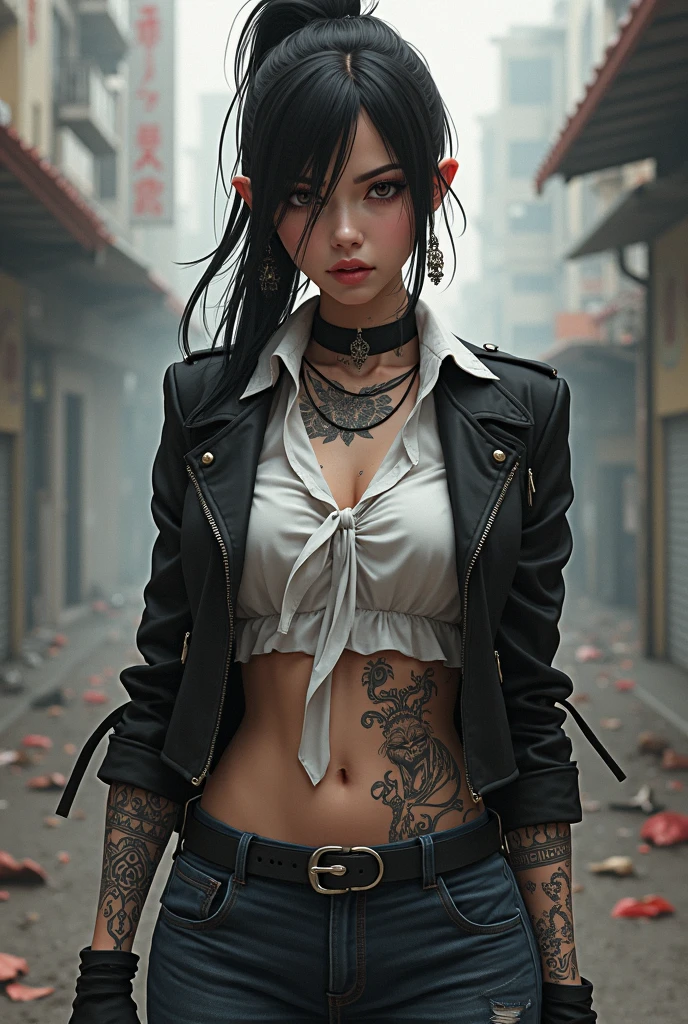Photorealistic, High resolution, Soft light,1womanl, Solo, hips up high, (Detailed face),The tattoo, Jewelry, street wear, Beautiful Soldier, An eye that invites the viewer, Lover's perspective, inviting expression, smile, Perfect Style, Perfect balance, Detailed skin, Naughty gaze, Chest visible