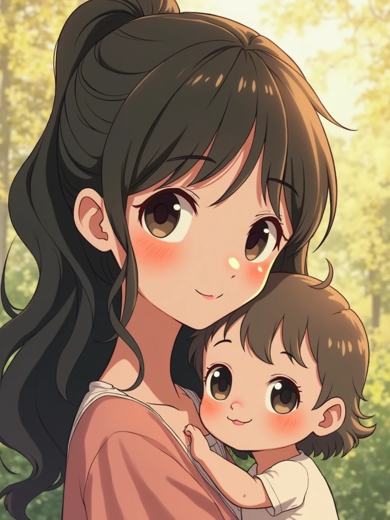 (looking at viewer:1.5)Upper Body, Holding a child,
 Realistic, real person, (pale skin: 1.2), RAW photo, photorealistic, shiny skin, shiny hair、
(A 25-year-old woman with medium-length hair and bangs) and (wavy hair) and (brown hair) and (orange eyes),
White dress smile,open mouth,living