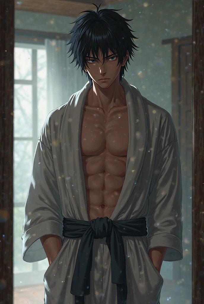 Asian man z wears a white kimono tied at the waist., He is showing his naked torso., black fur, Red eyes, broad, thin man, medieval forest background, the trees are frozen. wide, focus on his face, is biting a condom.