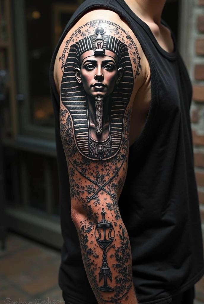 Full sleeve tattoo on right arm with Egyptian mythology theme in black and white