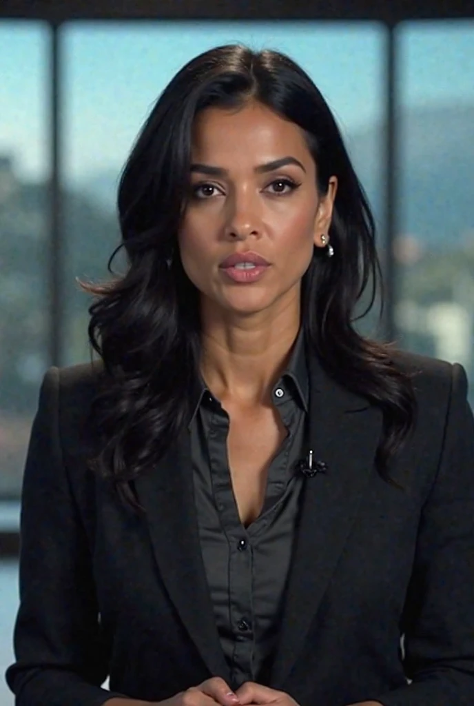 office, an eye contact from a woman ohwx, with bow and dark theme, crouched, Great cleavage
