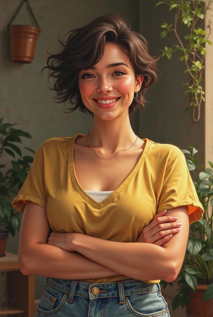 A beautiful Middle Aged woman with brown shoulder length curly hair wearing a yellow t-shirt, bright sunny day