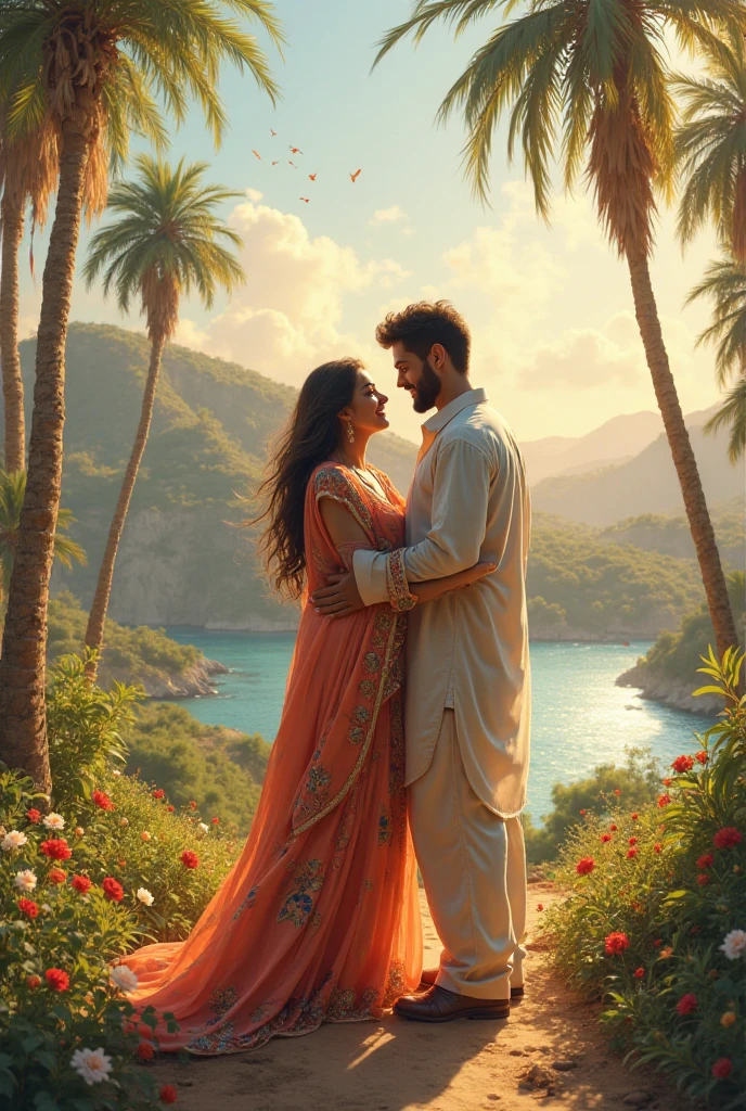 A muscular guy with a Red pullover , short hair and a girl in a saree walking in a beach