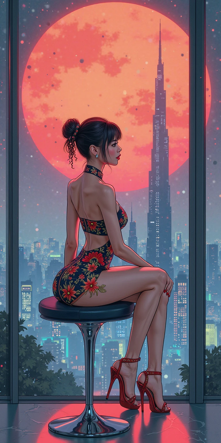 connie maheswaran age 25, ( extremely detailed CG, Mahagony-skinned female with dark Reddish-brown skin, black eyes, and phoenix back tattoo, wearing a full-body open back leotard, mini shorts with stars on the back pockets and a baret holding her black hair tight dragonbraid. strong , well-built, Perfect hourglass physique, amazing skin, strong oblong-shaped face, narrow convex hooked nose. strong, toned, wide heart hips,, biting lips enticingly, catching your eye, waving you closer to her). +( overlooking a coastal city with hands in her pockets,looking over her shoulder ,playful bottom hit) :+(view from behind, hd illustration, extreme long shot, rendered in Unreal Engine 5, hyper-realistic, , 128k, ultra - HD, intricate detail, super - res, webcomic animation, ink art, full-length portrait, wide-body shot, alluring aura and stare , ink art,Black ink,tattoo design outline, Lineart, brush art ,thin line animation, ultra-HD masterpiece, highest quality, highly detailed facial expressions,realistic expression, perfect piece, perfect prompt ,full length, best quality, intricately accurate facial and physical structure, intricately realistic expression and emotion, accurate colored complexion, accurate body anatomy, intricate bodypaint, complex hairstyles, intricate character detail, intricately expressive, intricate color design, complex emotions,) 