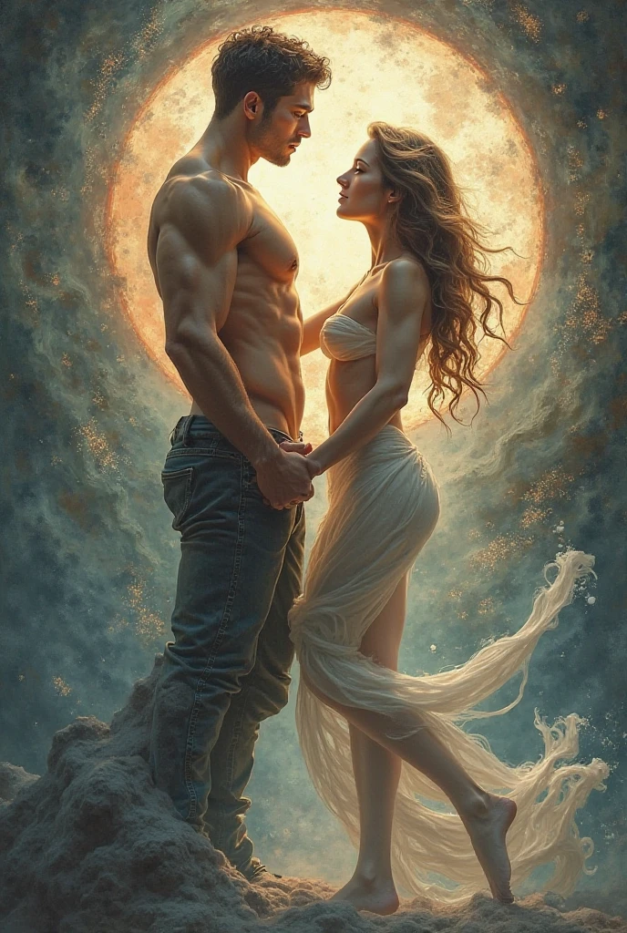 Beautiful Man and Woman in bathing suits bikinis, a swirling stormy sea, with a literal whirlpool of clear blue water, and boiling bioluminescent light, bar lighting, drawn up in a tornado of wind and water, hyperdetailed 24k photorealistic the whole scene swirling