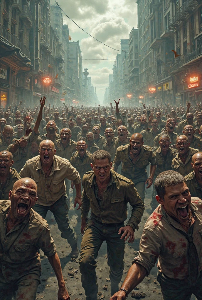 Group of people fleeing on a highway full of vehicles, people are followed by a horde of zombies that have red skin