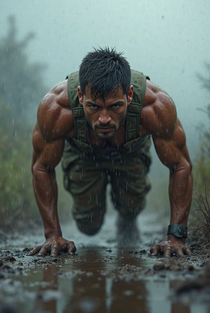 shirtless muscular man, sinks in a mud pit down to his shoulders, mud smudged on his toned chest and face to emphasize context of struggling to get out of the mud pit, determined face expression,