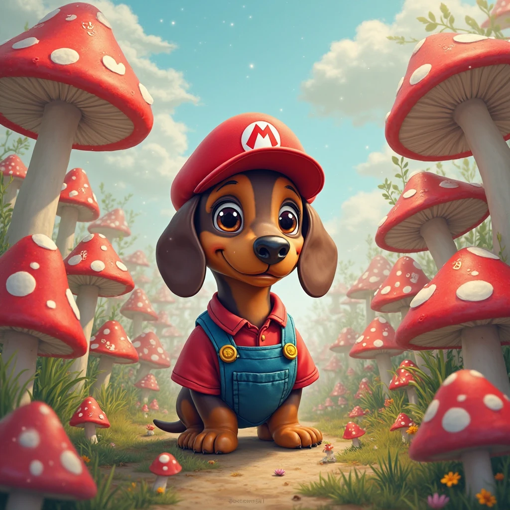 is a dachshund、I'm wearing Mario's clothes、 lots of mushrooms、SOS letters on mushrooms