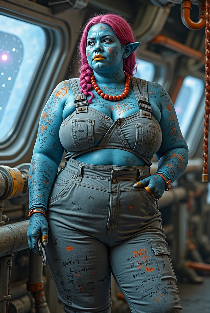 A beautifull star wars light blue twi'lek woman, she is thick and has very light blue eyes, she has dark blue patterns in her skin. She wears glasses and a cropped top, baggy high waist pants and a long open coat above all. SHE IS A TWI'LEK SHE DONT HAVE EARS NEITHER HAIR, SHE HAS LEEKU IN HER HAD