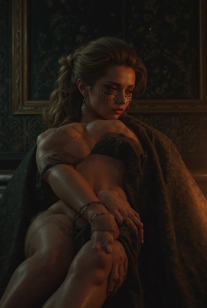 masterpiece, expressive eyes, photo, miley cyrus and bryce dallas howard in one person, topless, teenage girl, dress in baroque style, golden ornaments, ultra detailed face, tattoos of baroque ornaments with little diamonds, jewelry, very detailed background, lot of ornaments, candle light, ultra realistic, realistic faces, diadem, ultra realistic skin, lying on bed, lesbian, having sex, orgasmic face, full body, tattoos all over body, licking golden dildo with ornaments, cinematic