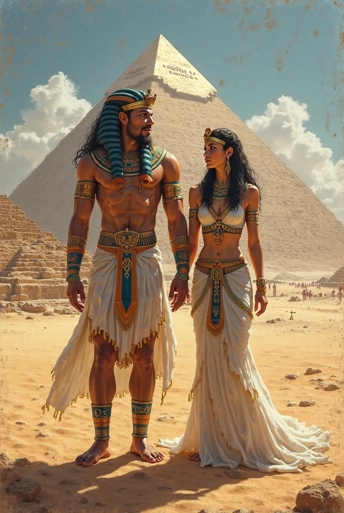 Design an image of Shu and Tefnut, deities from Egyptian mythology, walking side by side. Shu, the god of air, is a male figure with dark brown skin, green eyes, and a feathered headdress, symbolizing his connection to the sky. Tefnut, the goddess of moisture, is a female figure with light brown skin, deep blue eyes, and long black hair, flowing down her back. Both are dressed in traditional Egyptian attire with gold accents. The background should feature an ancient Egyptian landscape, with desert sands and the distant outline of pyramids. They walk in harmony, embodying the balance of air and moisture essential for life. Use masterpiece, best quality, CG, wallpaper, HDR, high quality, ultra detailed face, cinematic, high detail, 8k, raw, high, artstation HQ, unreal engine, octane renderer, 4k resolution, hyperrealistic, highly detailed, and absurdres settings