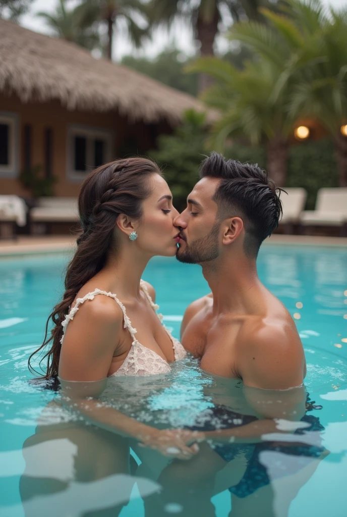 They're kissing in a pool with a fountain in the background, casal se beijando, they are in love, aceso de lado, uhd candid photo of dirty, Beijar, 1614572159, Festa na piscina, tiro de lado, Fazendo Fora, foto ao lado, Mulher de 30 anos de Cuba