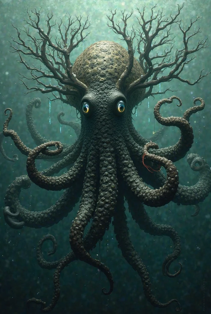 an octopus merged with an old tree, branches are tentacles and the bark is slimy