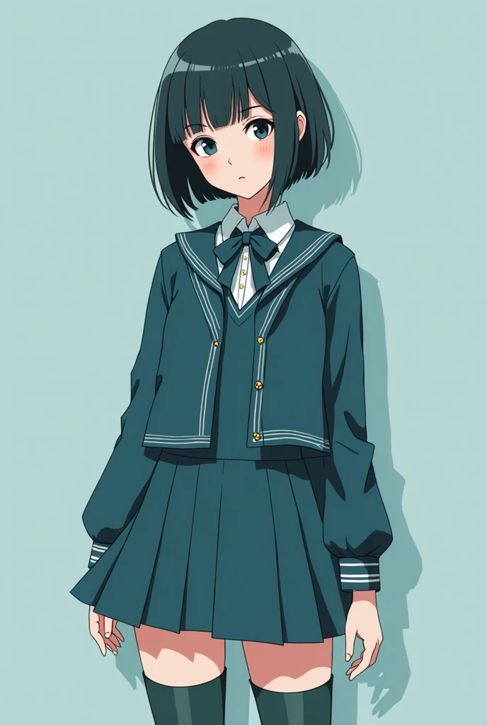 ((Highly detailed 8k illustration)), High resolution, (Very detailed and beautiful), Highly detailed painting, Professional illustrations, Ultra-precise depiction, Ultra-detailed depiction, (beautifully、aesthetic:1.2), High resolution, (Depth of written boundary:1.4), Professional illustrations, (Elementary school girl), (Dark blue Sailor Suit), (Dark blue Skirt), Traditional sailor uniform, (Very exquisite beautiful face and brown eyes, Black Hair:1.5), (Bobcut), ((White headband)), Small stature, (Standing), (arms behind back), zettai ryouiki, (Small breasts), cute, ((smile)), ((Solid green background))