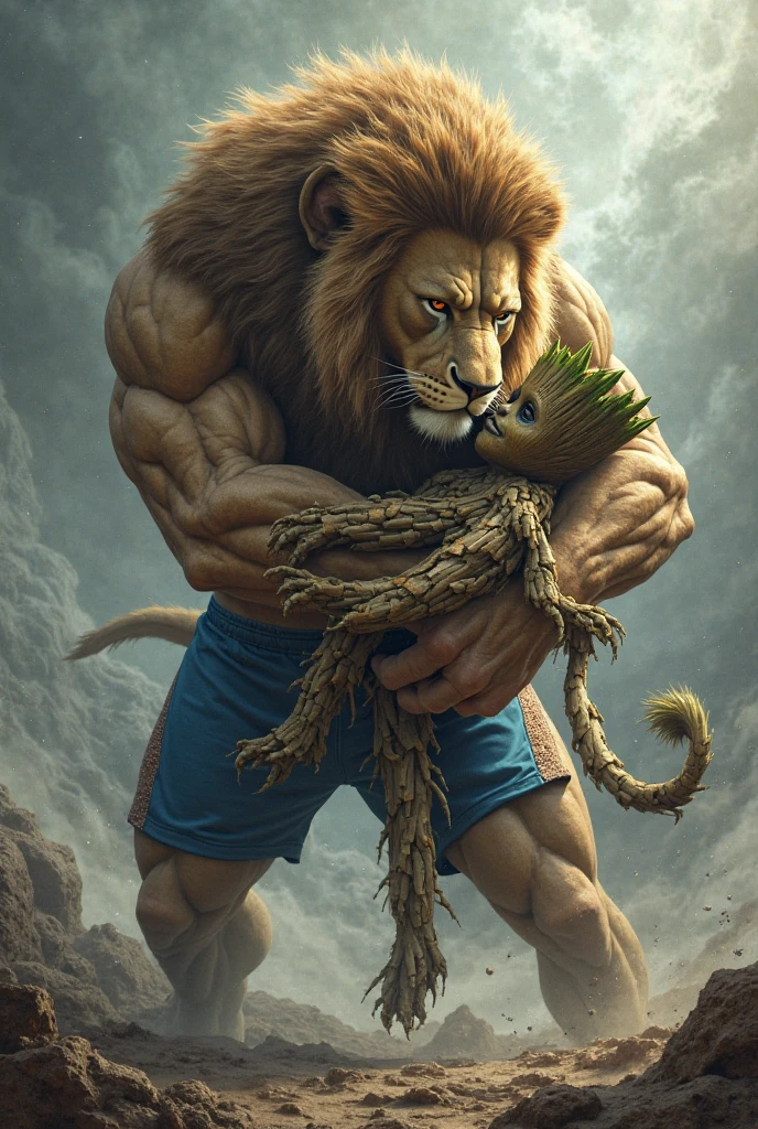 Lion, (human face:0.3), by taran fiddler, by kenket, by darkgem, in pain, screaming, looking at own hands, looking at self, laying, boxers