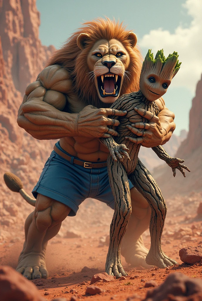 Realistic lion and marvel groot in one picture