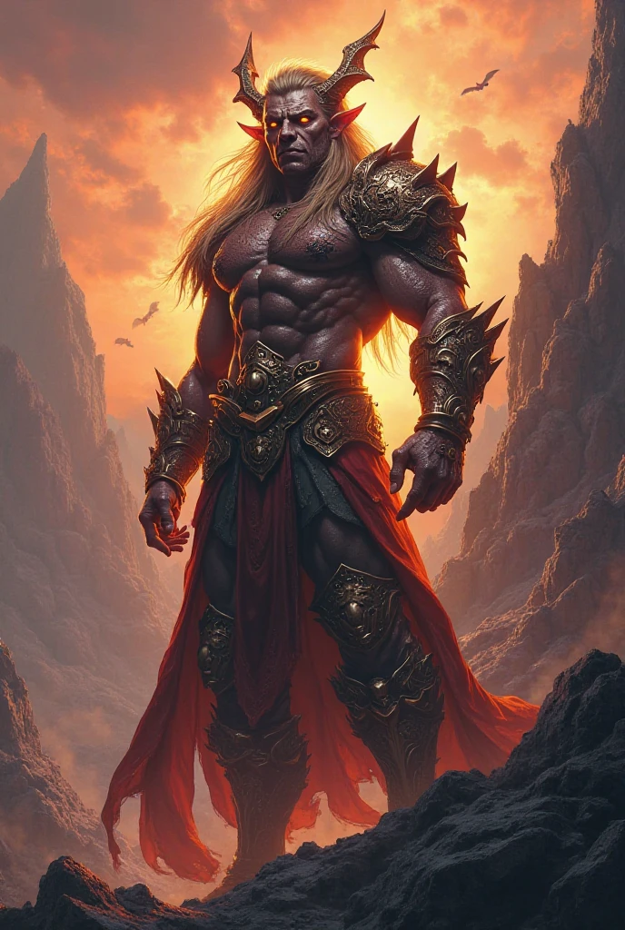 A powerful, muscular male warrior in a dynamic battle pose, long flowing hair, fierce expression, intricate armor with glowing runes, dramatic lighting, cinematic camera angle, epic fantasy, vibrant colors, dramatic lighting, digital art, concept art style