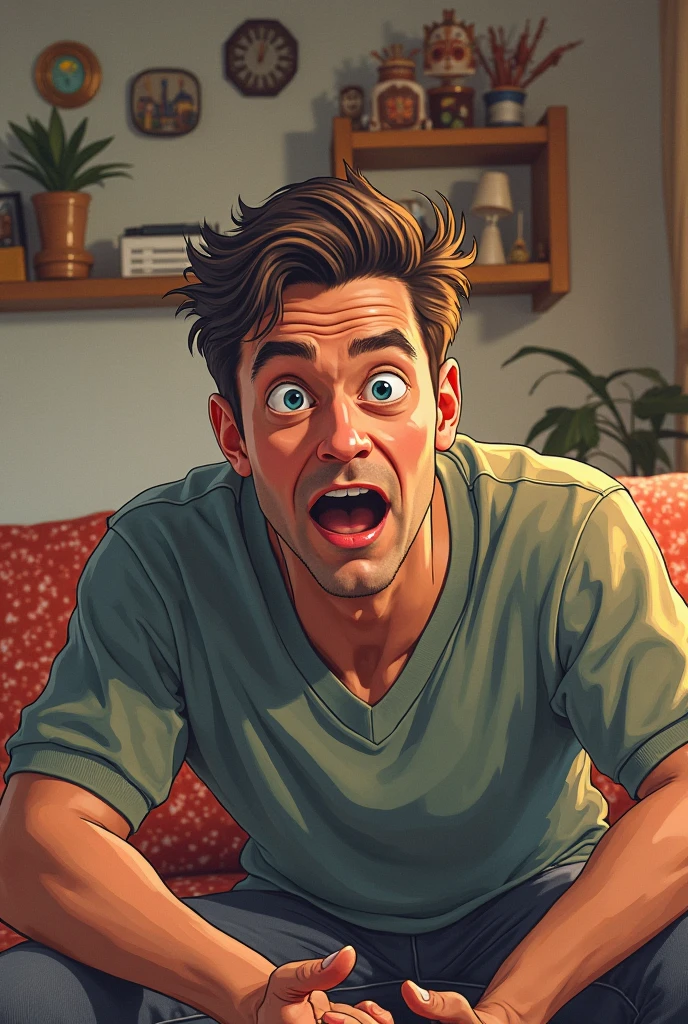 A dramatic realistic illustration of a man in close-up, tired face, deep dark circles, showing teeth, cabelo messdo, wrinkled clothes, in a sleeveless shirt, in the background a television with Netflix, a coffee table with beers, mess.