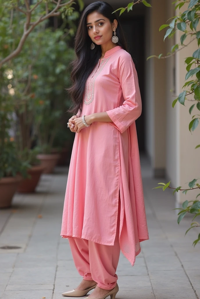 (full body shot), (Best quality, high resolution images, ultra detailed pictures, raw, 16k, UHD, FHD), A beautiful Indian women wearing a pink kurta, white salwar, Indian outfits, beautiful suit, gorgeous looking, ultra detailed face, red lips, high heel, high quality picture, candid picture, ultra detailed face, realistic face, hair tied ornament, fitness, curved body fit, realistic body,
