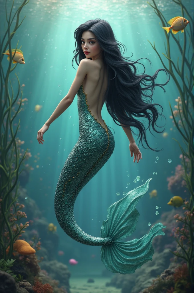 (((masterpiece))), (((Best quality))), ((ultra detailed)),(very detailed computer illustration), ((very subtle and beautiful)),cinematic light, Create a stunning fantasy painting that imitates the style of modern masters of the genre. Aesthetic illustration in a realistic style, View from afar, full-length, In the center of the image is Ariel, in the background is a symmetrical underwater lost temple, Ariel in an Ancient Underwater Temple: Ariel exploring an ancient, sunken temple adorned with intricate carvings and statues. The temple is partially covered in seaweed and algae, with glowing orbs floating around, casting a mystical light on the scene. Gentle and very beautiful mermaid of the underwater kingdom Ariel, long hair, cute face, beautiful body shape, glowing headband, sparkling scales, glowing circle in the solar plexus area, Dynamic pose, Strong contrast, Good depth of field, 8K wallpaper, Masterpiece, Aesthetic illustration in realistic style, best quality, natural light, high res, highly detailed, All the colors and materials in this work are very harmoniously combined