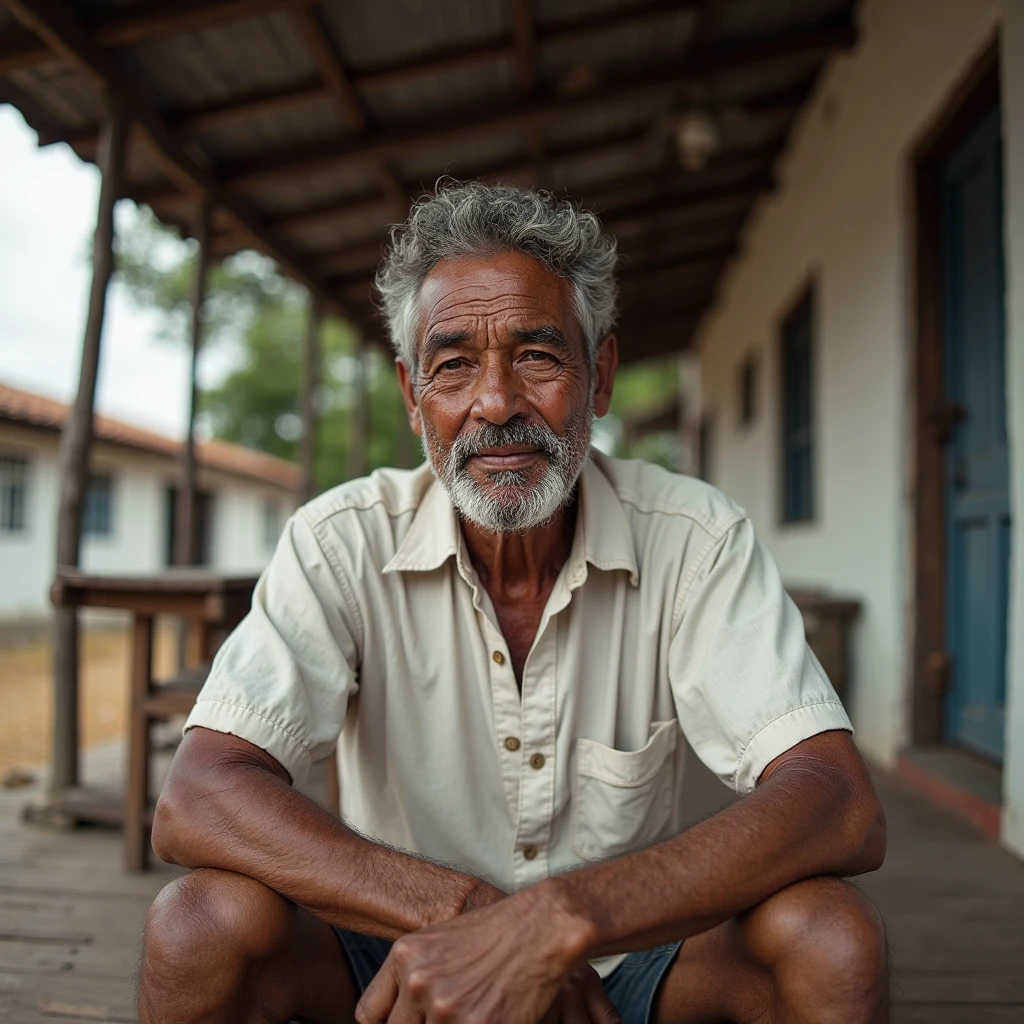 Um professor na frente de uma escola, na zona rural do interior do brasil, esperando os alunos.