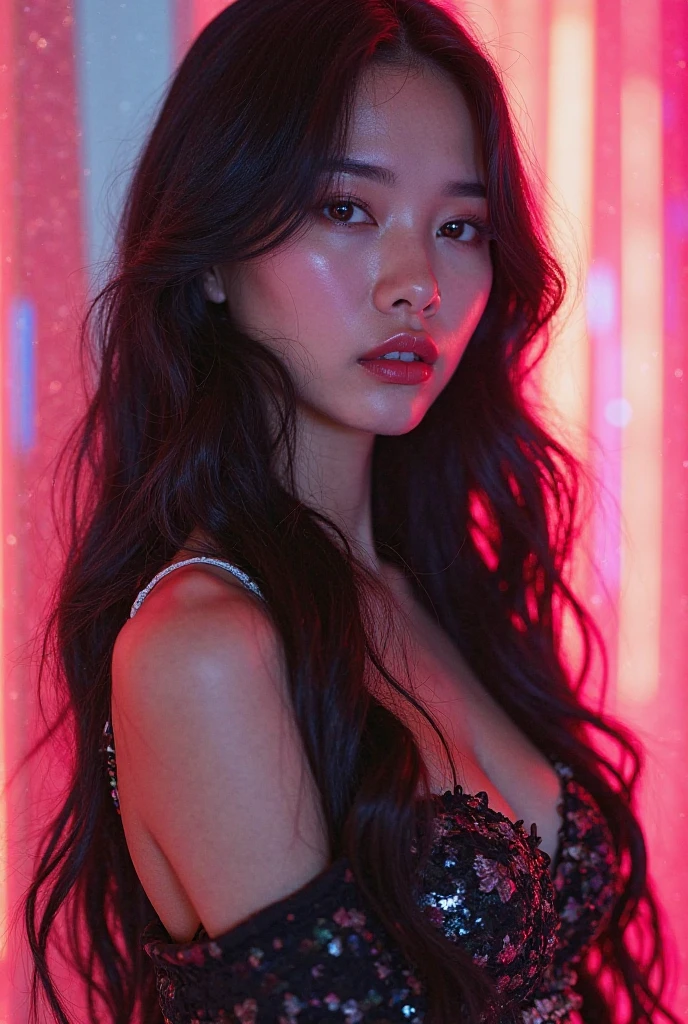 (((surreal))) photo, masterpiece, Top quality, (Pale skin), (Extremely detailed face and eyes:1.3), 1 girl, aldult, naked, (Eye Makeup, mascara) , ((large, delicate lips)), ((long Black hair)), ((Chiolca)) , (natural breast), Slim waist. ((Strike a pose)), photo, studio (soft light), (The interpretation of light and shadow), Depth of Field, bokeh, (Pay special attention to skin details: 1.2), detailed leather texture, skin pores. (The warm atmosphere of the frame. Colorful costume: Black, purple, pink, blue tint), dr, ((Film Grain)), ((Rays)), ((glare)), ((Waist Up Portrait)) , Super detailed,