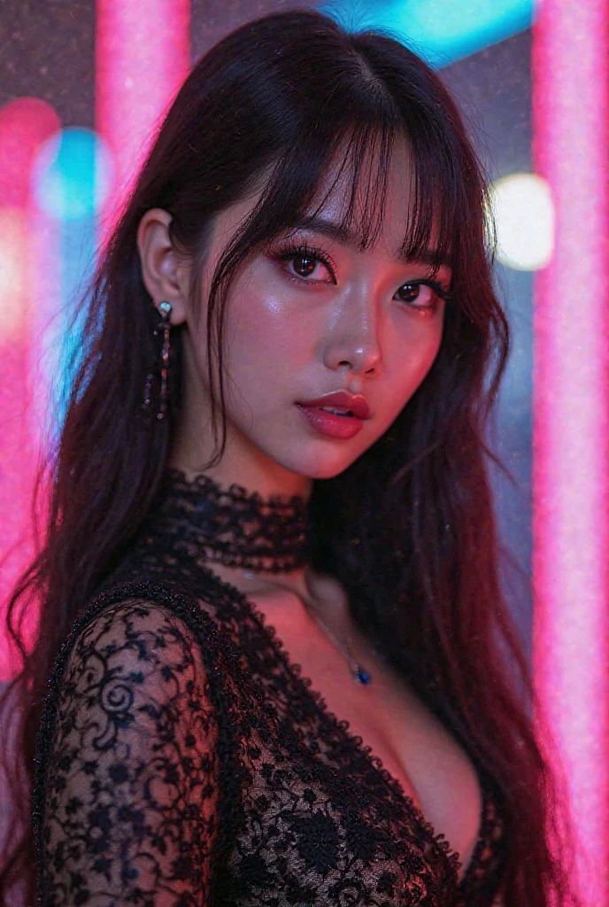 A beautiful face of wuxia chinese girls is crouching down in a plaid skirt, (solo, bare shoulders, cleavage, looseness glowing neon light clothes, amethyst gold cloak) , in the style of cindy sherman, soggy, ethereal horror, androgynous, bill viola, arnold böcklin, shiny eyes, shot on 75 mm, burne-jones, Leica SL3, Summicron-SL 75 f/2 ASPH,  Kodak Vision 3 500T film,