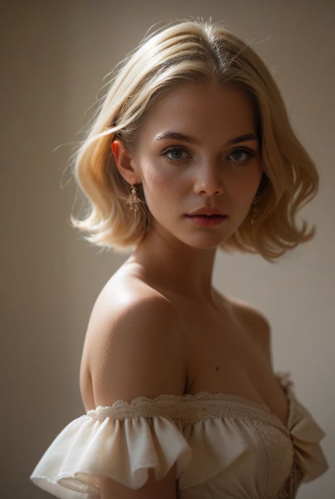 Emma Myers is a young woman with short, blond hair delicately framing her angelic face. Her golden strands fall with lightness, accentuating the graceful curve of her neck. Her appearance conveys fragility and a delicacy that captures the attention of everyone around her. Emma's eyes are like bright emeralds, reflecting a depth of emotions that oscillate between curiosity and tenderness. Each of her gazes seems to tell a story, conveying a blend of innocence and wisdom beyond her years. Her posture is elegant, and the grace in her movements is like a smooth and captivating dance. Emma exudes an aura of serenity, as if she were a delicate flower blossoming with the softness of the wind. Her presence is enchanting, leaving a lasting impression on those fortunate enough to cross her path.