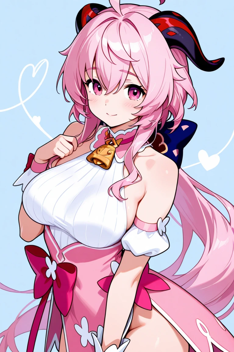 score_9, score_8_up, score_7_up, score_6_up, score_5_up, smile, high res image, masterpiece, 1 girl, pretty face, sexy, large breast, looking at the viewer, perfect anatomy, AriesFairyTail, pink eyes, curled horns, medium hair, curly hair, sexy bra, sexy skirt, coat